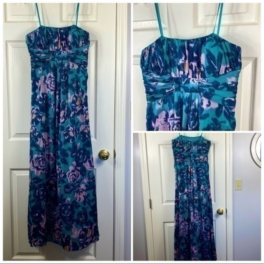 BCBG Teal floral watercolor gown. Size 6. Small. Satin